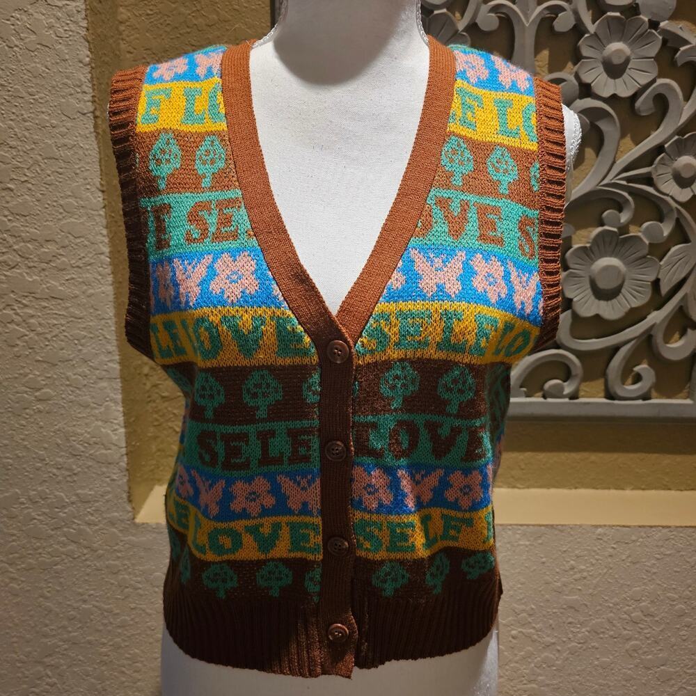 Rue21 SELF LOVE Sweater Vest Small Pink Knit Graphic Y2K Kawaii NWT - Picture 3 of 13